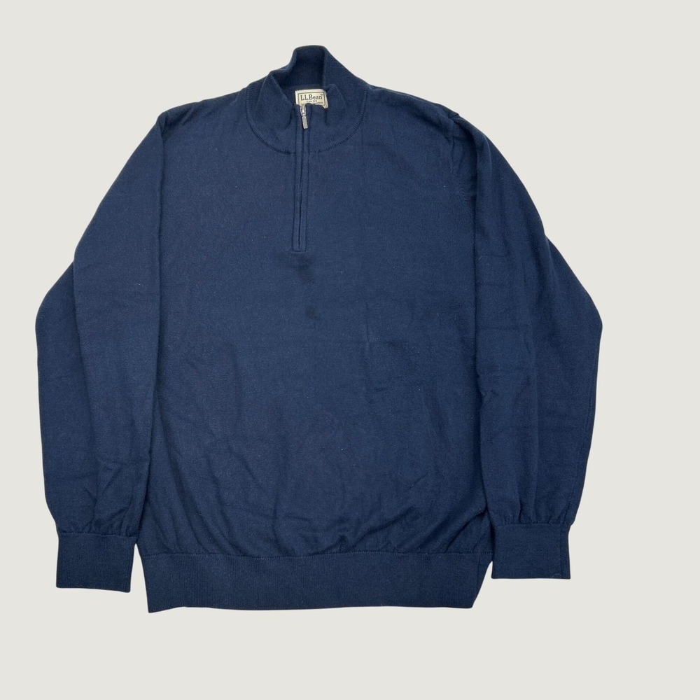 LL Bean Sweater Mens XL Navy Blue Cotton Cashmere Quarter Zip Pullover Classic